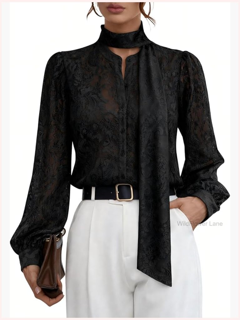 Women's Lace Blouse Long Sleeve Button Down Puff Sleeve Top